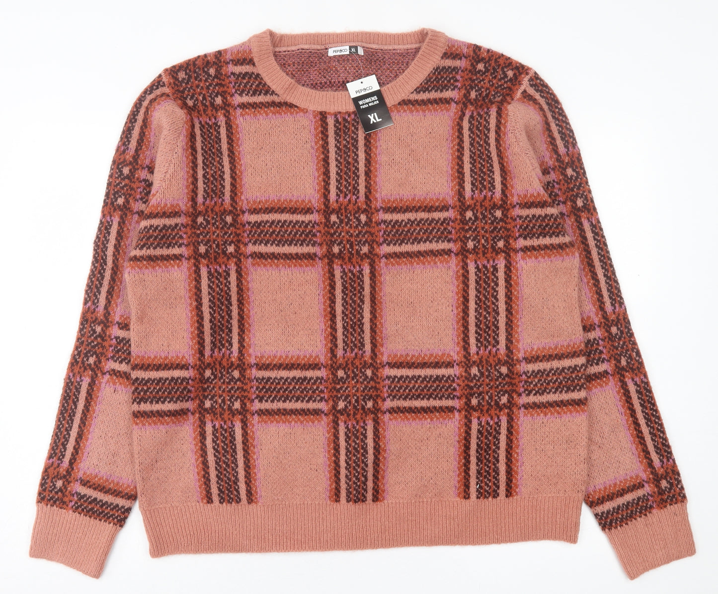 pep&co Womens Purple Crew Neck Plaid Acrylic Pullover Jumper Size XL