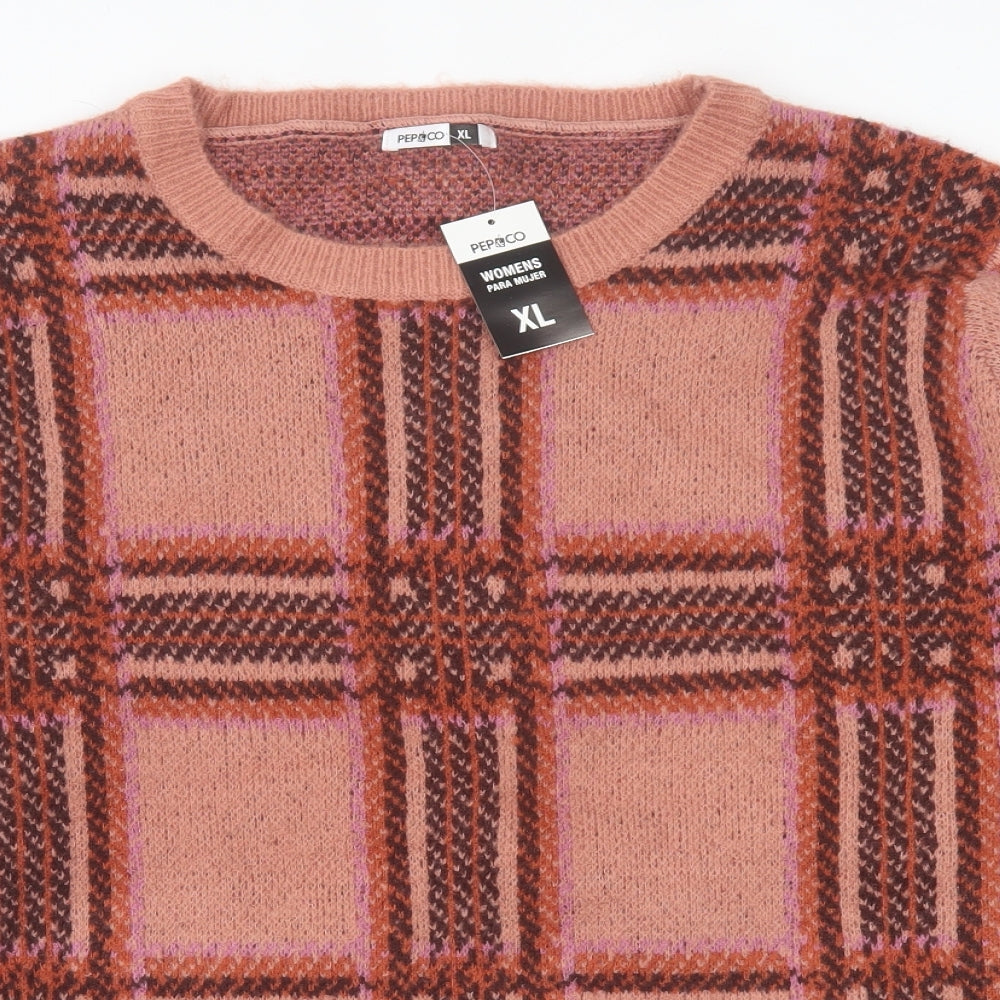 pep&co Womens Purple Crew Neck Plaid Acrylic Pullover Jumper Size XL