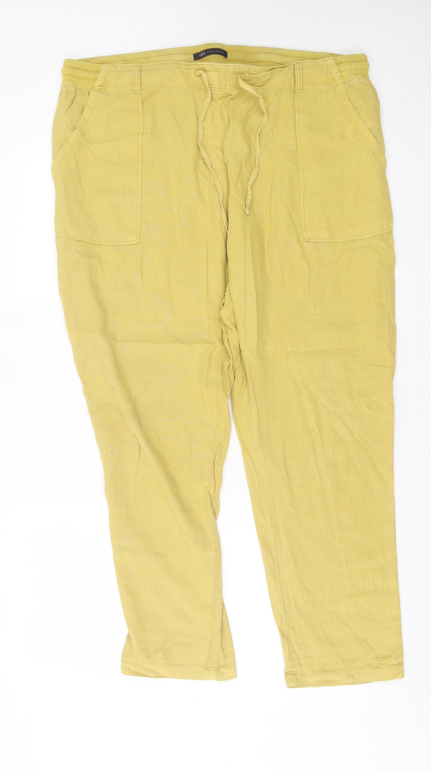 Marks and Spencer Womens Yellow  Linen Trousers  Size 18 L28 in Regular Tie