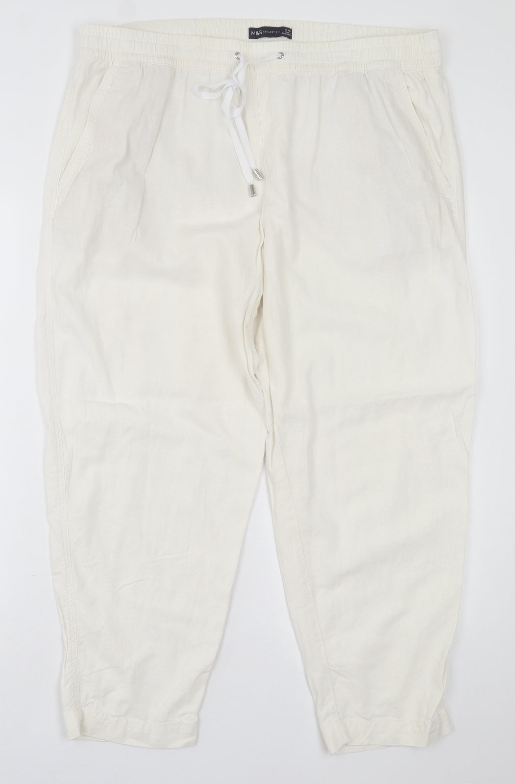Marks and Spencer Womens White  Linen Trousers  Size 18 L25 in Regular Tie