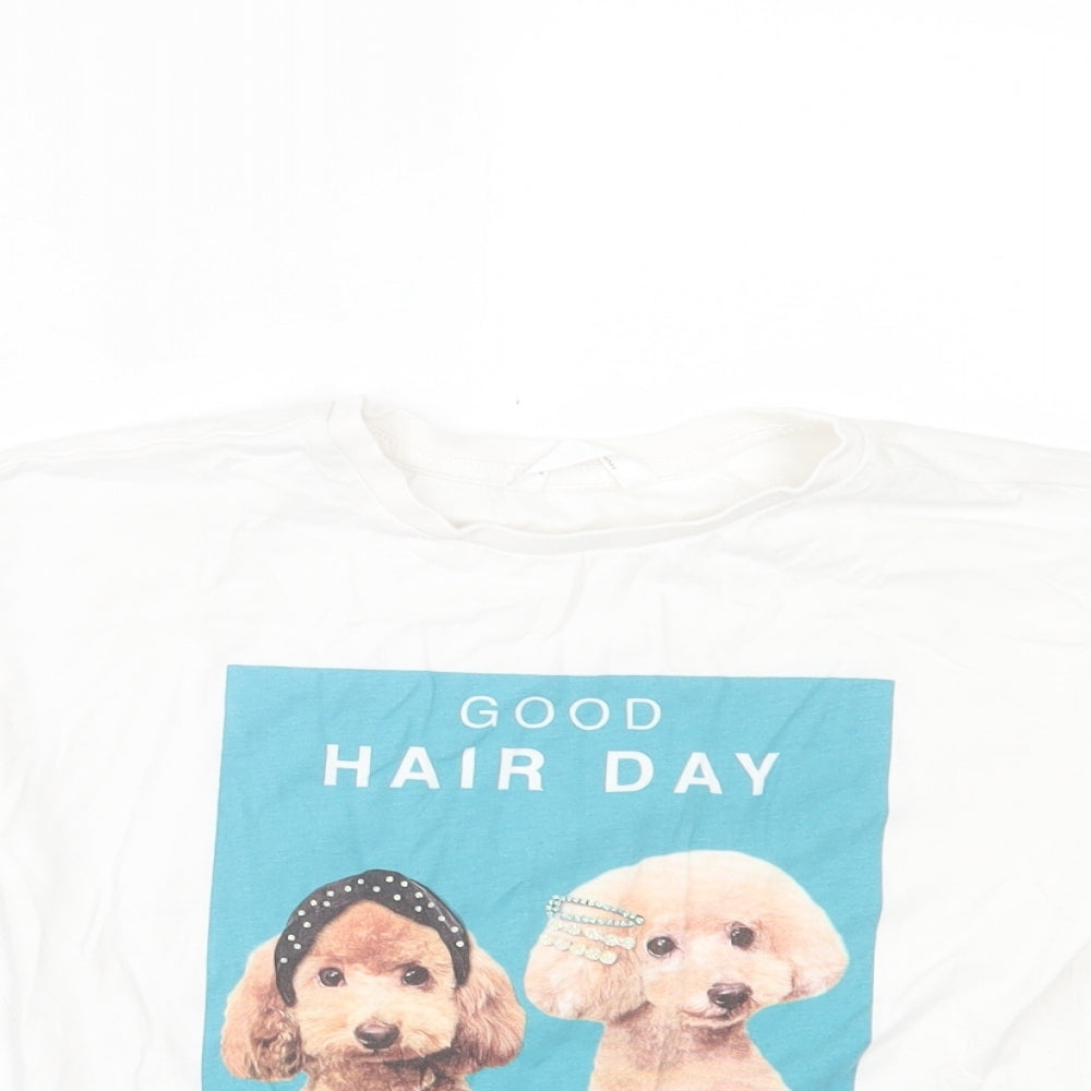 Marks and Spencer Girls White  Cotton Basic T-Shirt Size 8-9 Years Crew Neck Pullover