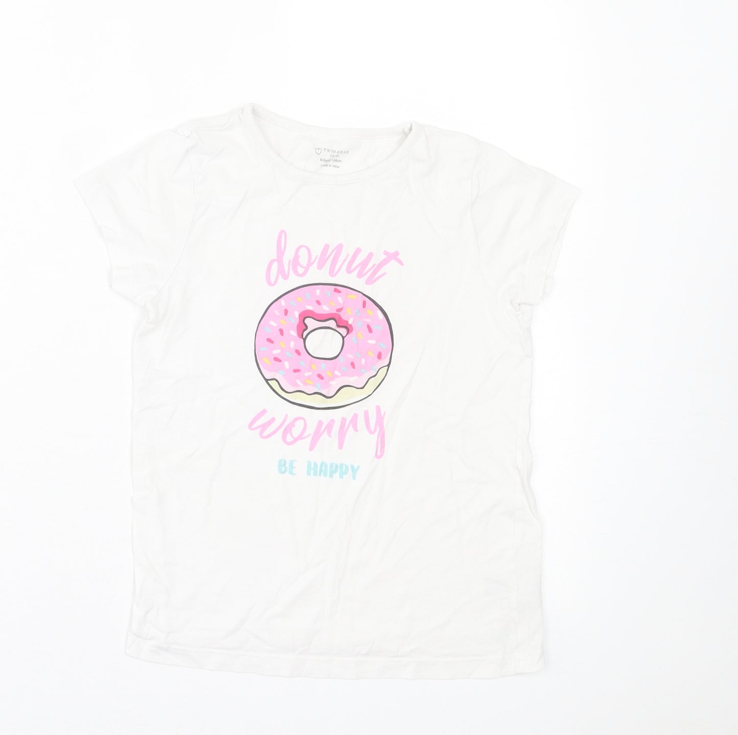 Primark Girls White  Cotton Basic T-Shirt Size 8-9 Years Crew Neck Pullover