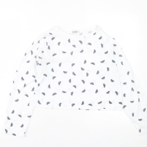 KANDY Womens White Geometric Polyester Cropped T-Shirt Size L Crew Neck