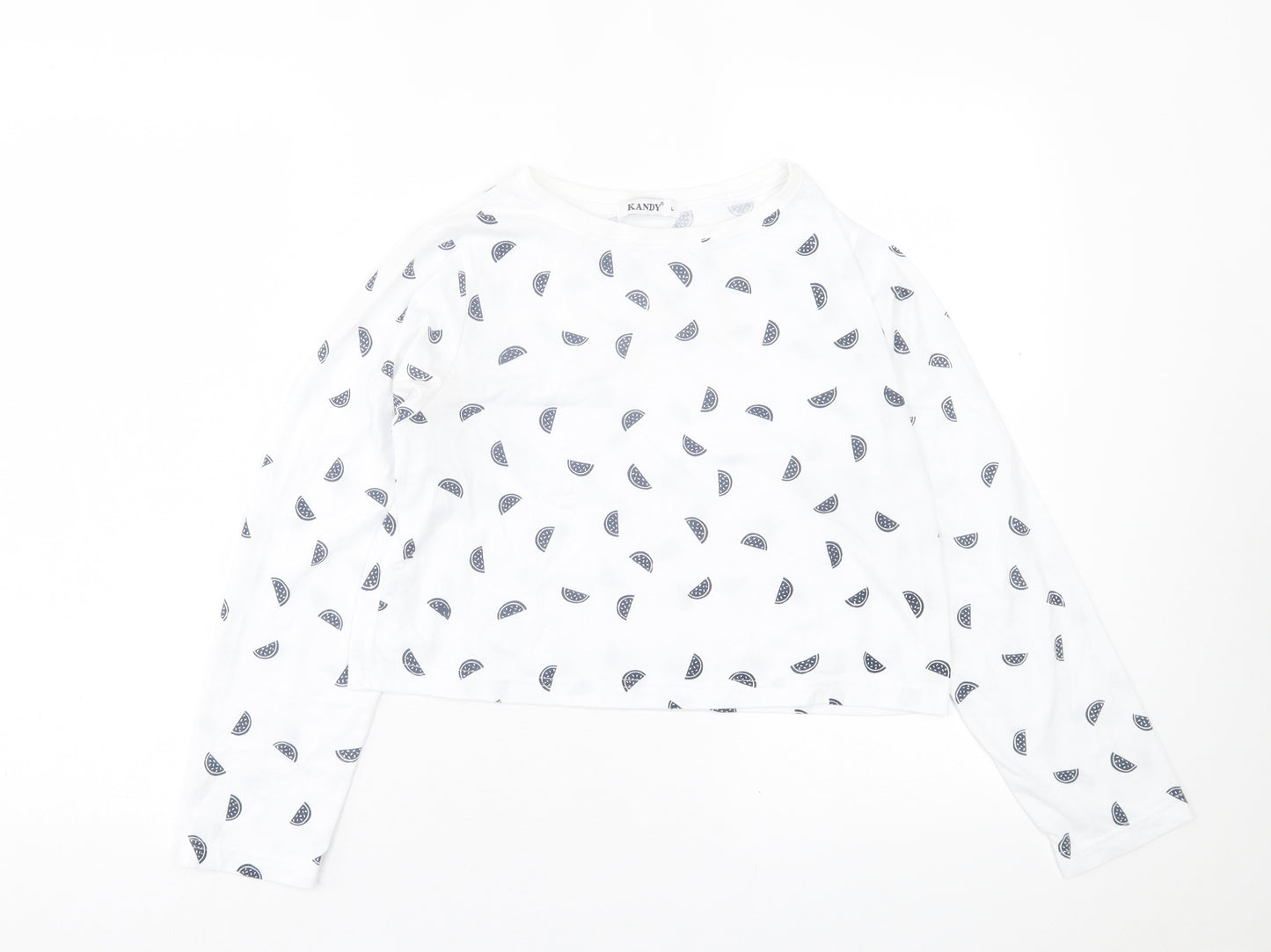 KANDY Womens White Geometric Polyester Cropped T-Shirt Size L Crew Neck