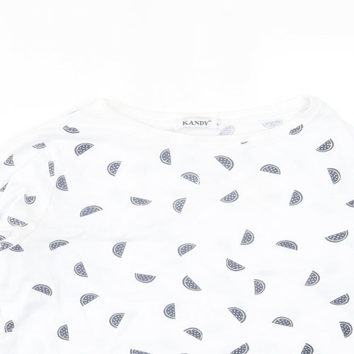 KANDY Womens White Geometric Polyester Cropped T-Shirt Size L Crew Neck