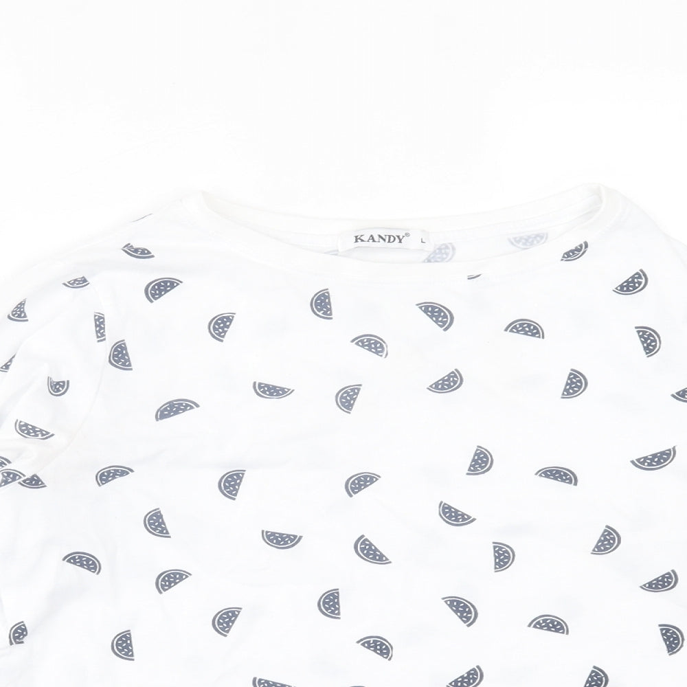 KANDY Womens White Geometric Polyester Cropped T-Shirt Size L Crew Neck