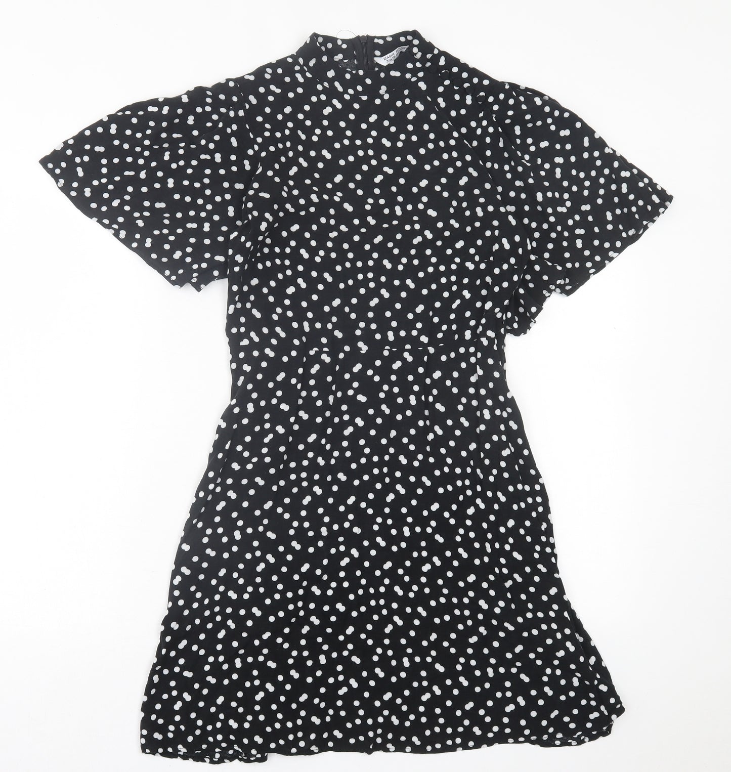 Zara Womens Black Polka Dot Viscose A-Line  Size XS  Crew Neck Zip