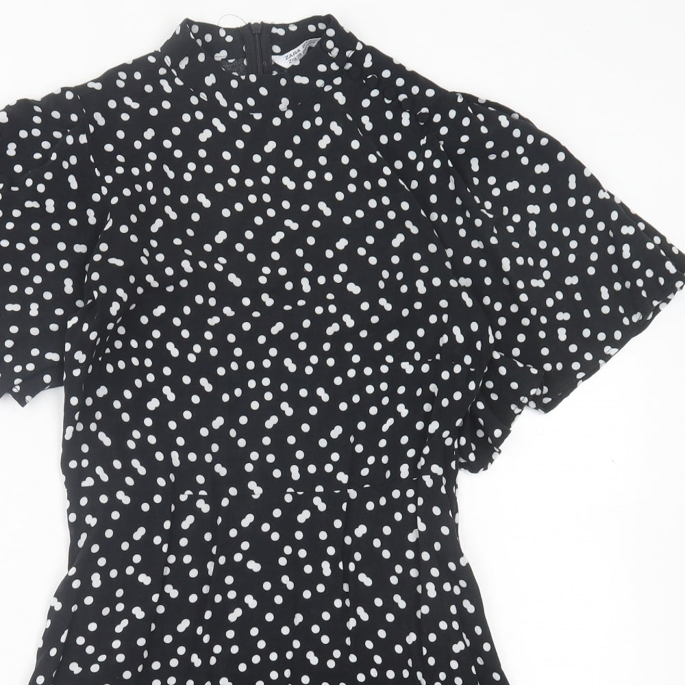 Zara Womens Black Polka Dot Viscose A-Line  Size XS  Crew Neck Zip