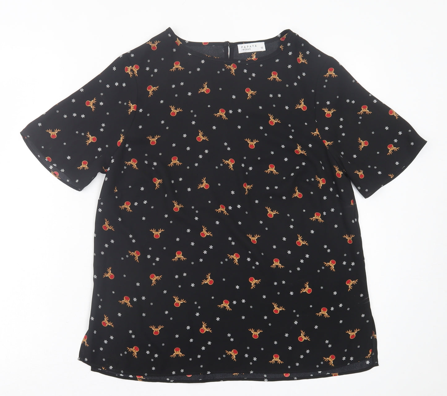 Papaya Womens Black Geometric Polyester Basic T-Shirt Size 10 Crew Neck - Christmas Print