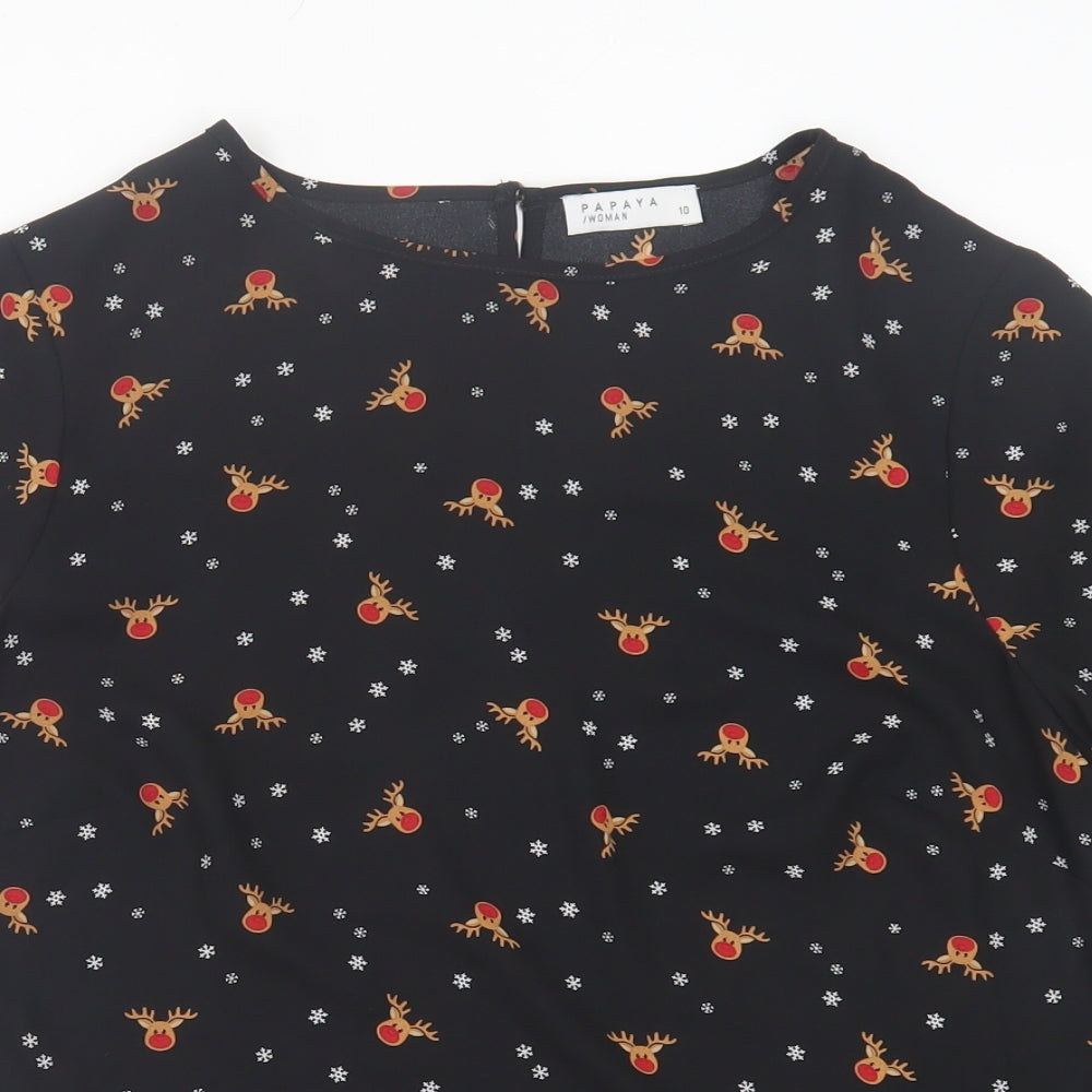 Papaya Womens Black Geometric Polyester Basic T-Shirt Size 10 Crew Neck - Christmas Print