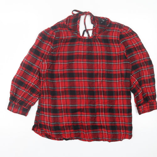 NEXT Womens Red Plaid Viscose Basic T-Shirt Size 8 Crew Neck