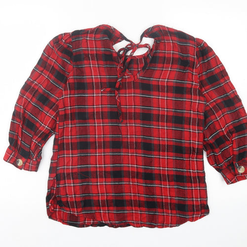 NEXT Womens Red Plaid Viscose Basic T-Shirt Size 8 Crew Neck