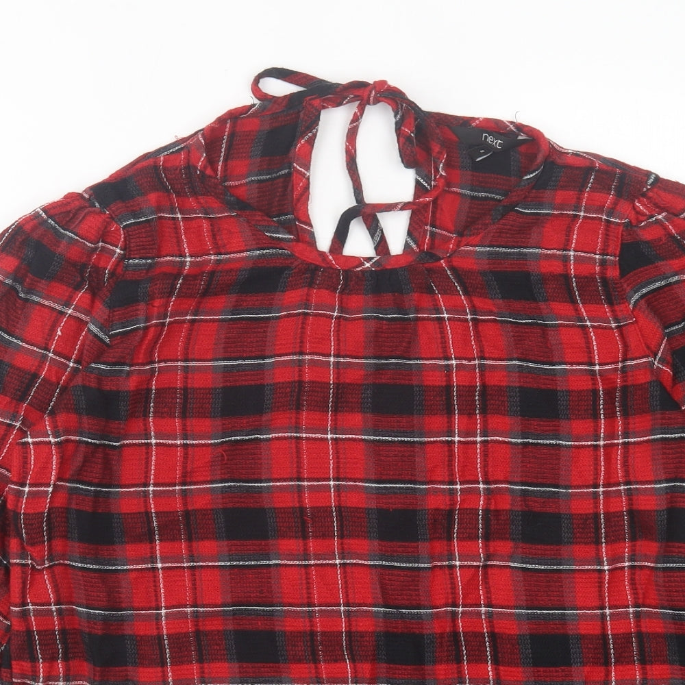 NEXT Womens Red Plaid Viscose Basic T-Shirt Size 8 Crew Neck