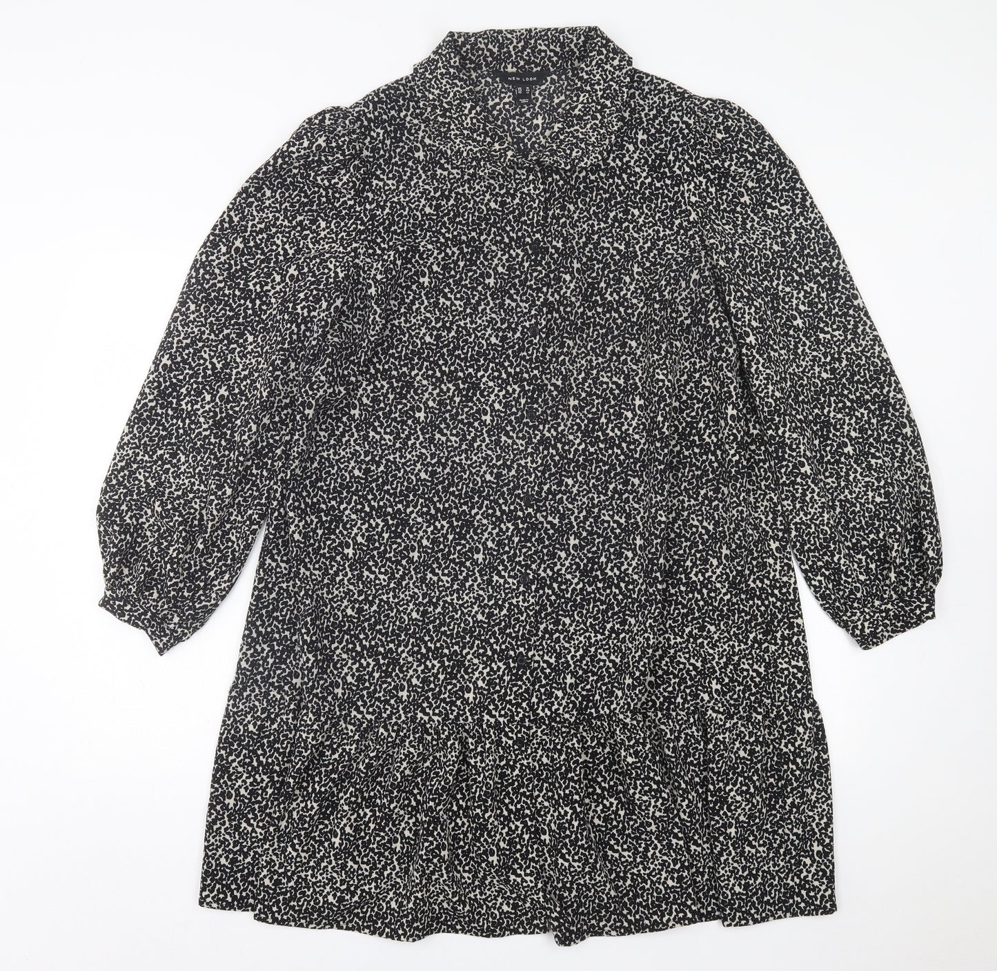 New Look Womens Black Animal Print Polyester A-Line  Size 16  Collared Button