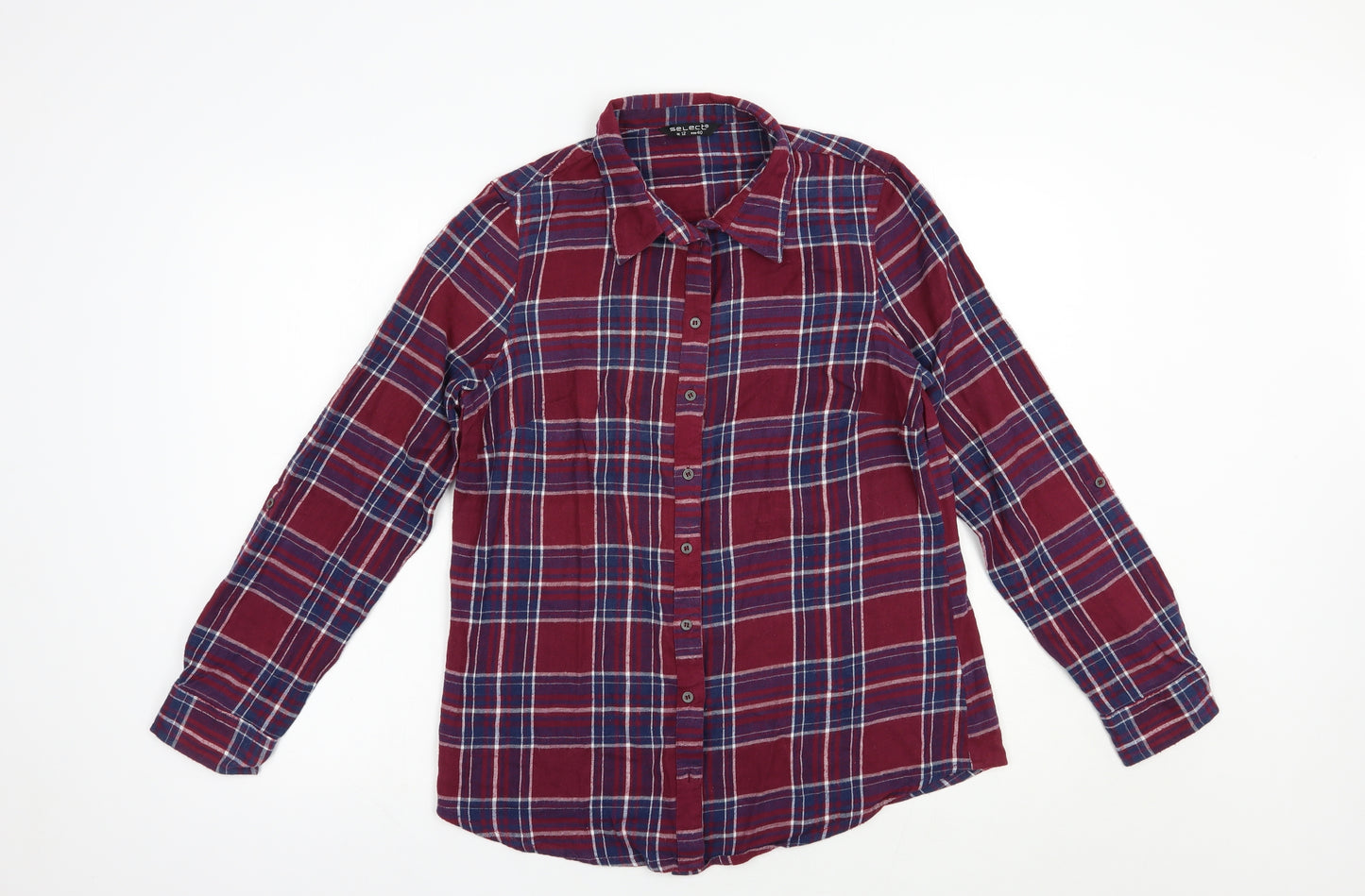 Select Womens Red Plaid Cotton Basic Button-Up Size 12 Collared