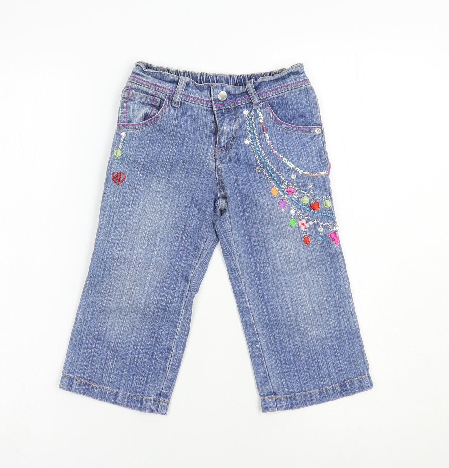Girl 2 Girl Girls Blue Geometric Cotton Capri Jeans Size 3-4 Years  Regular Snap
