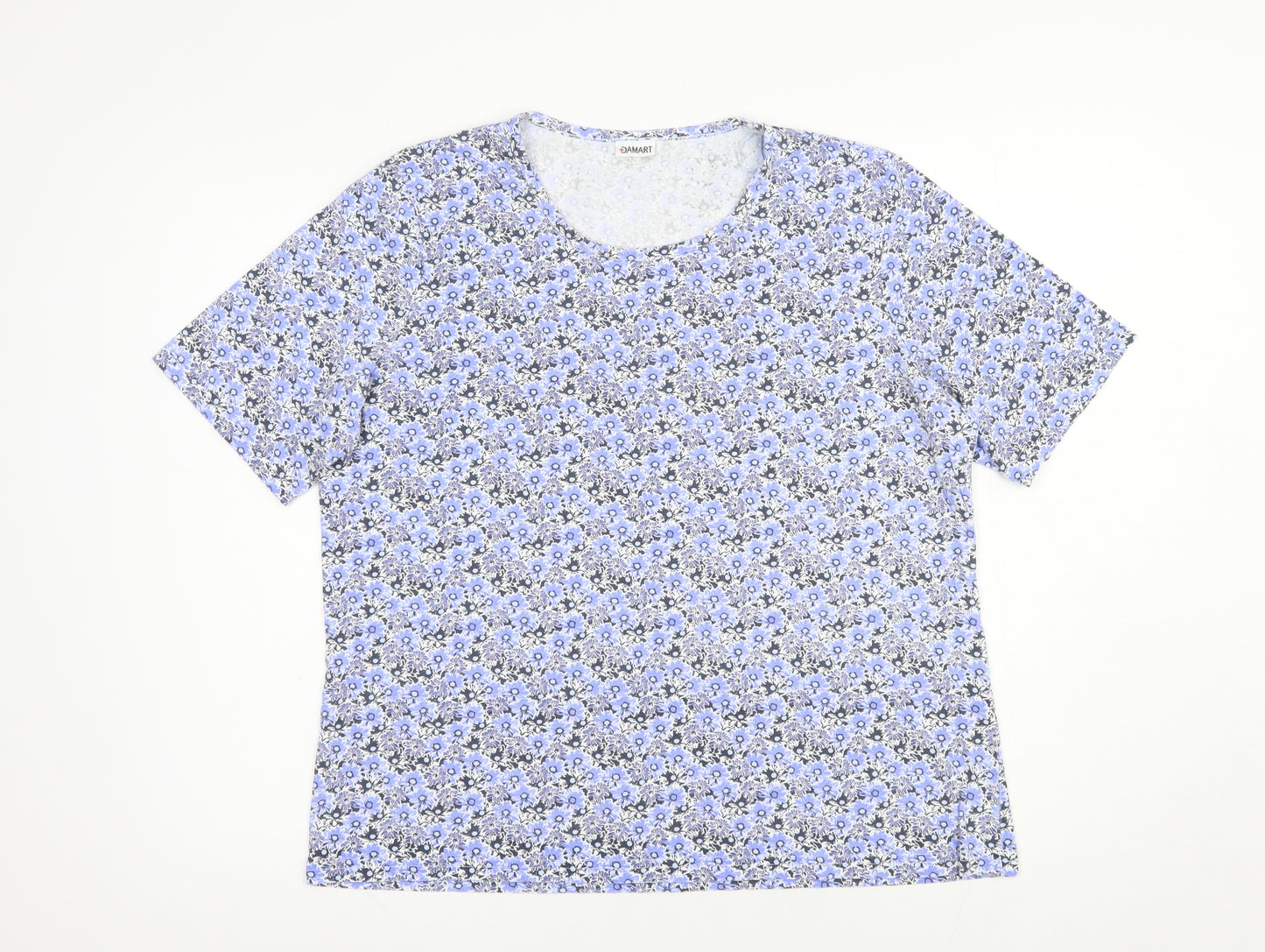 Damart Womens Blue Floral Cotton Basic T-Shirt Size 18 Crew Neck