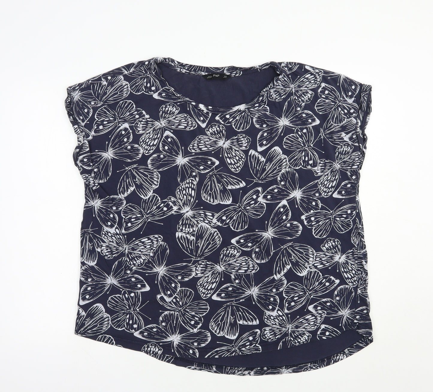 F&F Womens Blue Geometric Cotton Basic T-Shirt Size 20 Boat Neck - Butterfly Print