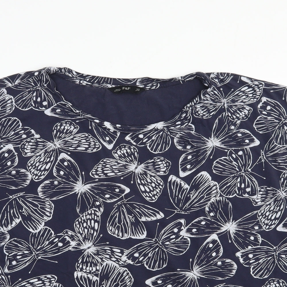 F&F Womens Blue Geometric Cotton Basic T-Shirt Size 20 Boat Neck - Butterfly Print