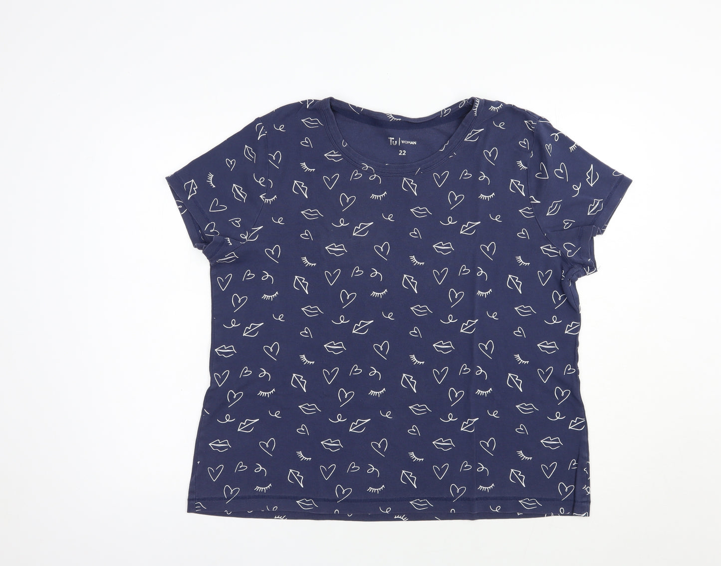TU Womens Blue Geometric Cotton Basic T-Shirt Size 22 Crew Neck