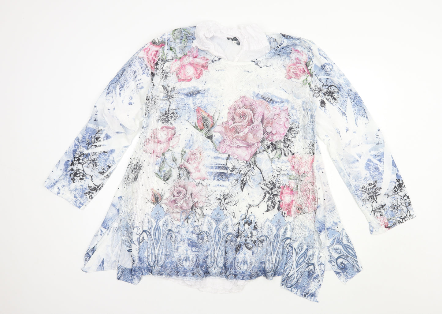 Nina Murati Womens White Floral Polyester Tunic Blouse Size M Collared