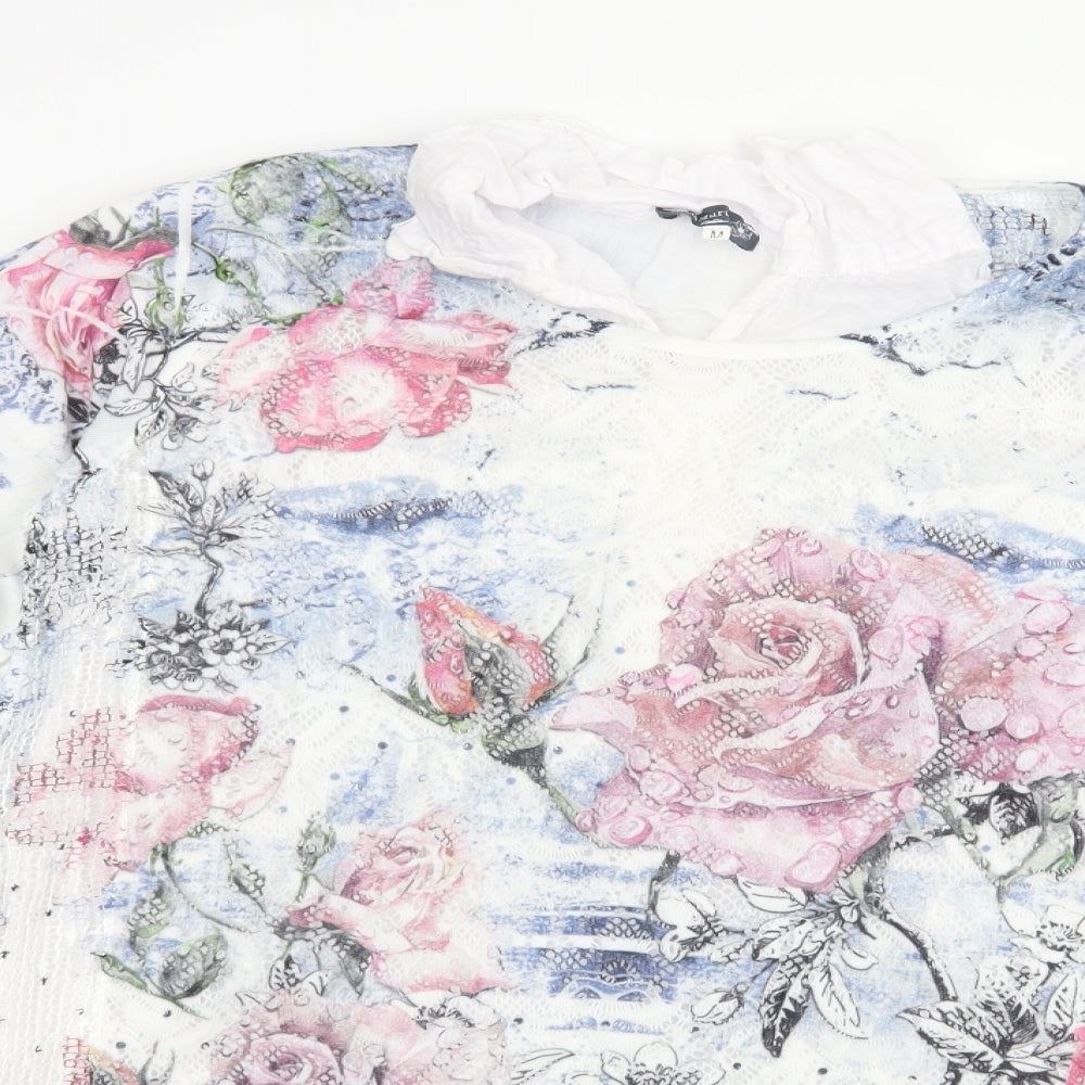 Nina Murati Womens White Floral Polyester Tunic Blouse Size M Collared