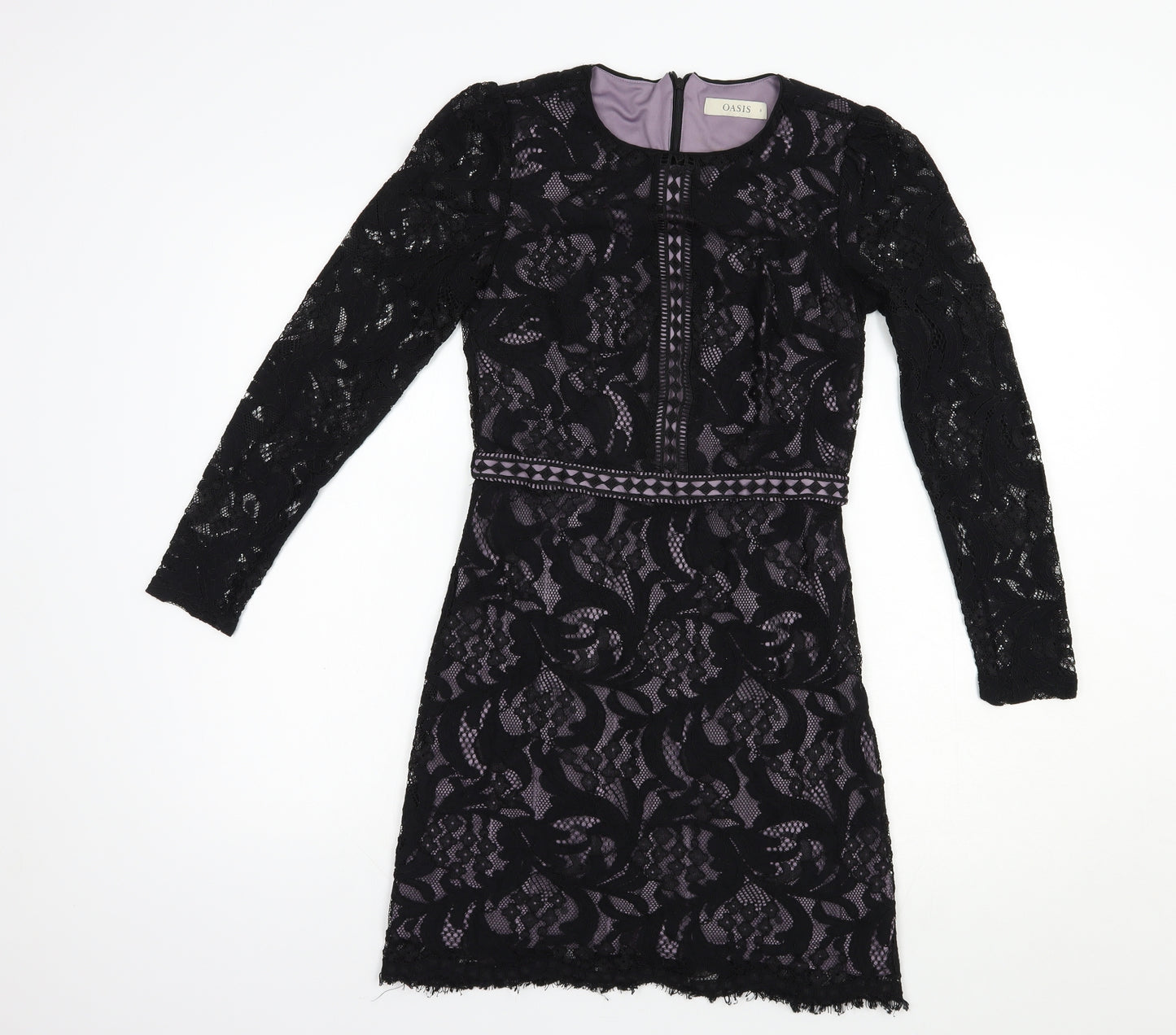 Oasis Womens Black Floral Viscose Pencil Dress  Size 8  Round Neck Zip - Lace Overlay