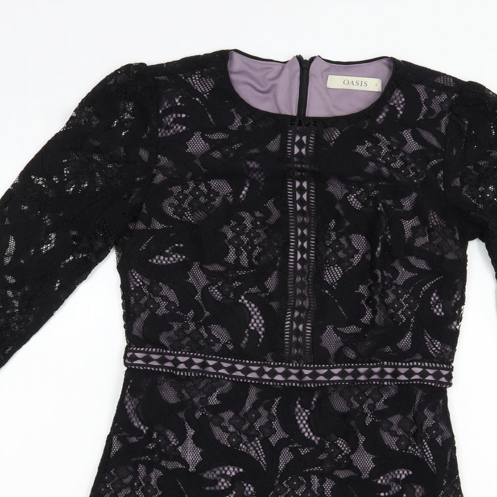 Oasis Womens Black Floral Viscose Pencil Dress  Size 8  Round Neck Zip - Lace Overlay