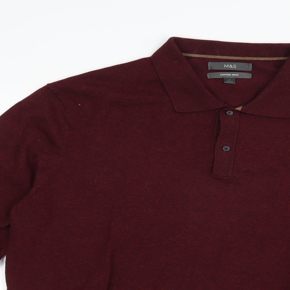 Marks and Spencer Mens Red Collared  Cotton Pullover Jumper Size L