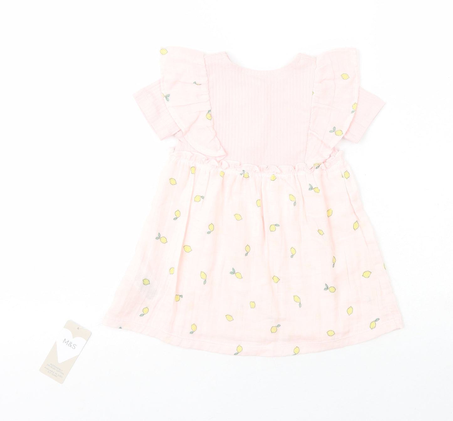 Marks and Spencer Girls Pink  100% Cotton Fit & Flare  Size 6-9 Months  Crew Neck