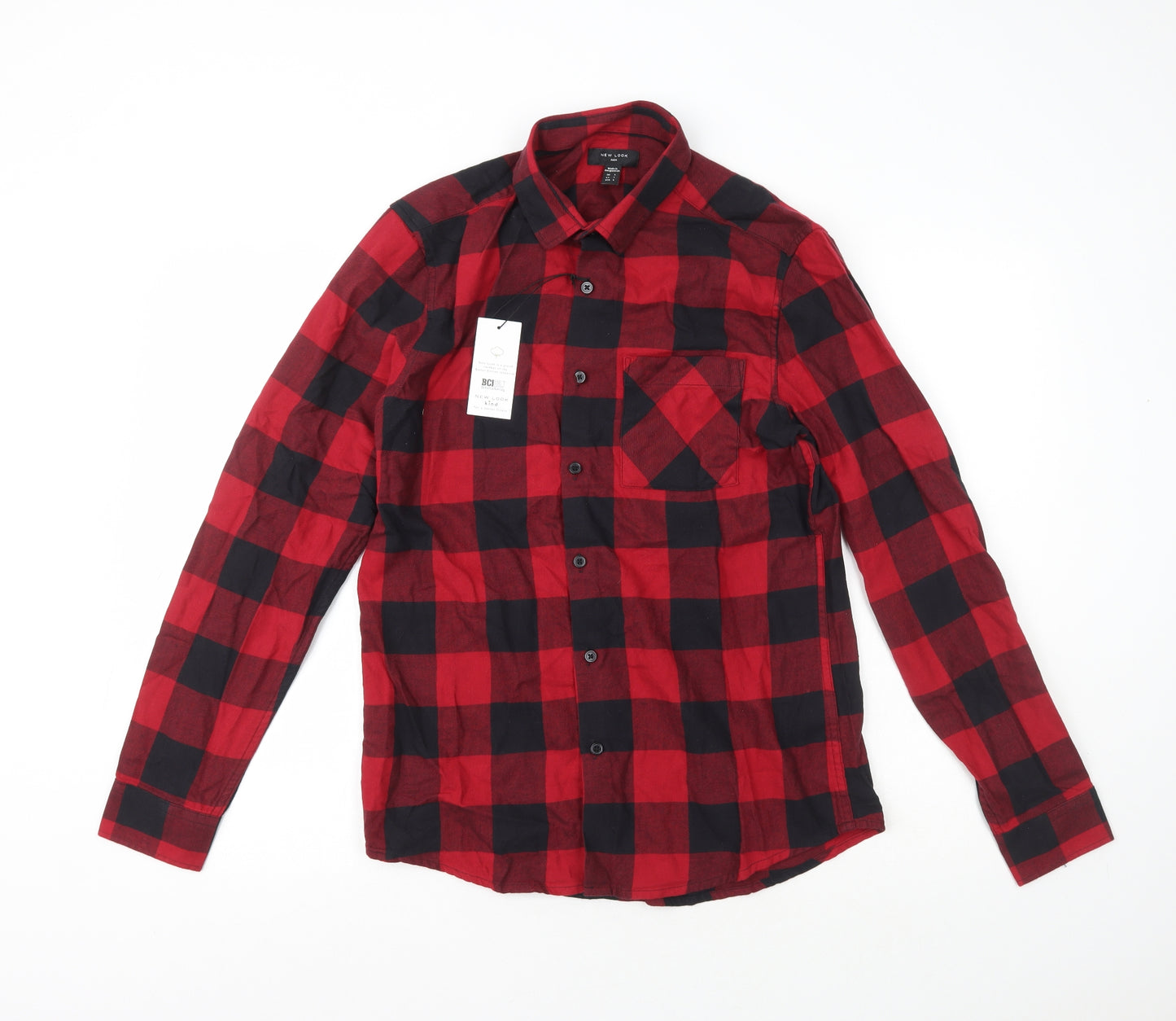 New Look Womens Red Check 100% Cotton Basic Button-Up Size S Collared