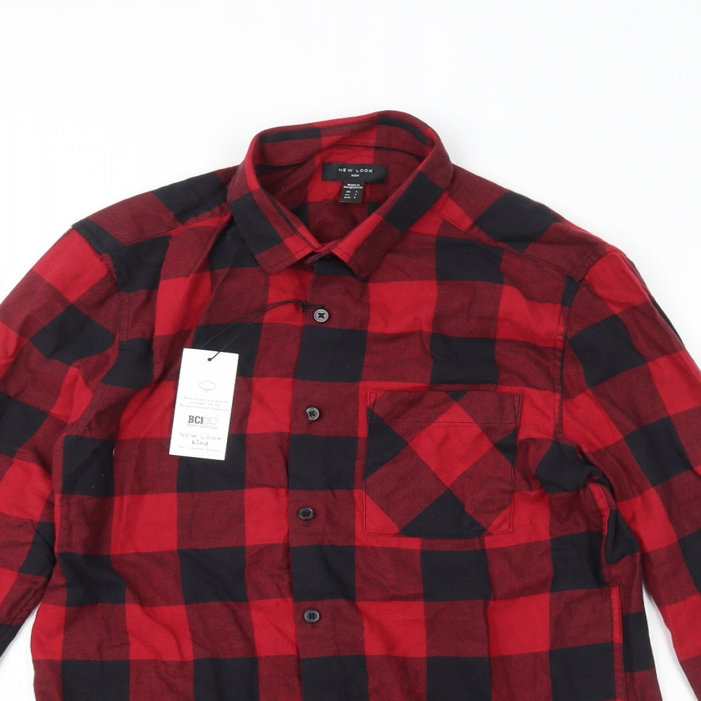 New Look Womens Red Check 100% Cotton Basic Button-Up Size S Collared