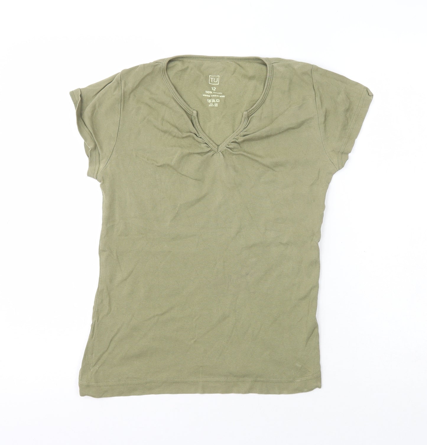 TU Womens Green  100% Cotton Basic T-Shirt Size 12 V-Neck