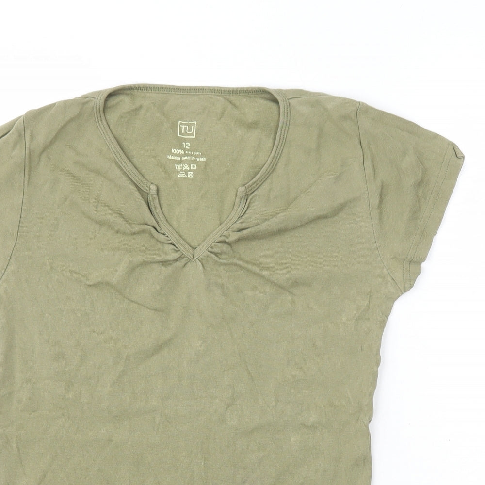 TU Womens Green  100% Cotton Basic T-Shirt Size 12 V-Neck