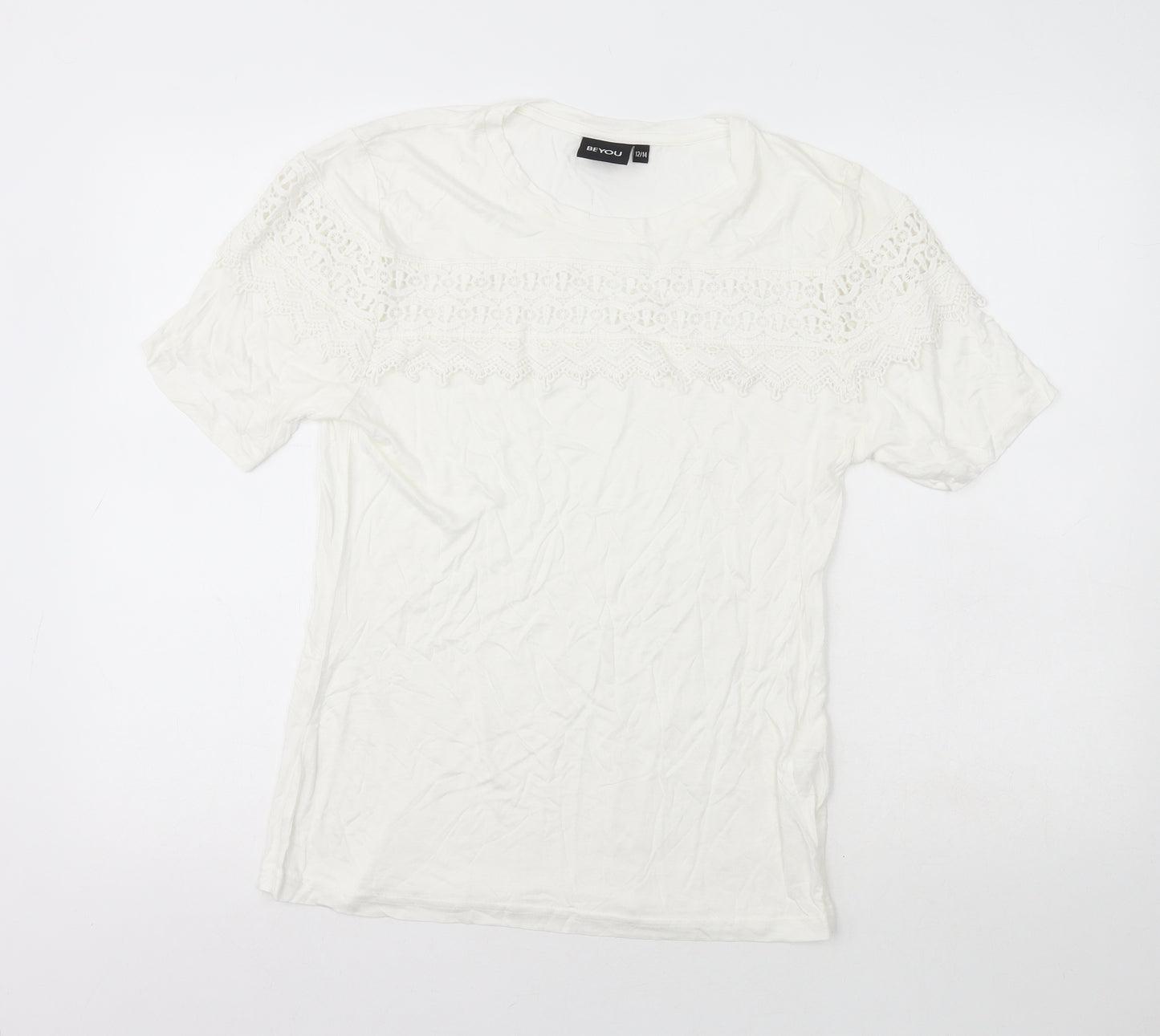 BEYOU Womens White  Viscose Basic T-Shirt Size 12 Crew Neck - Size 12/14