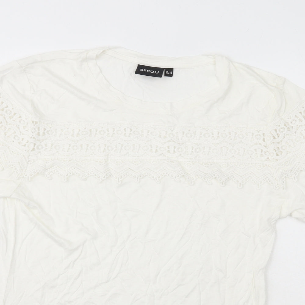 BEYOU Womens White  Viscose Basic T-Shirt Size 12 Crew Neck - Size 12/14