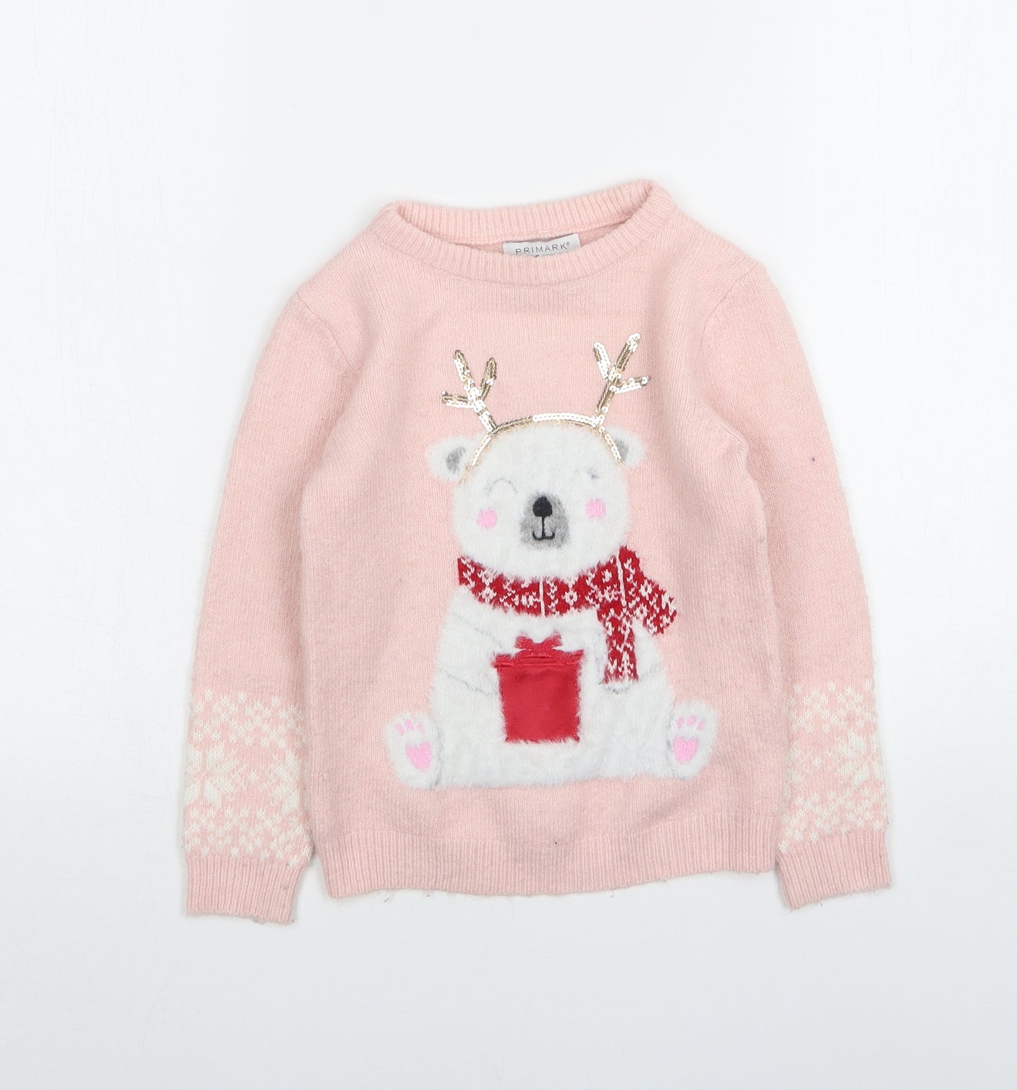 Primark Girls Pink Round Neck Fair Isle Acrylic Pullover Jumper Size 5-6 Years   - Christmas