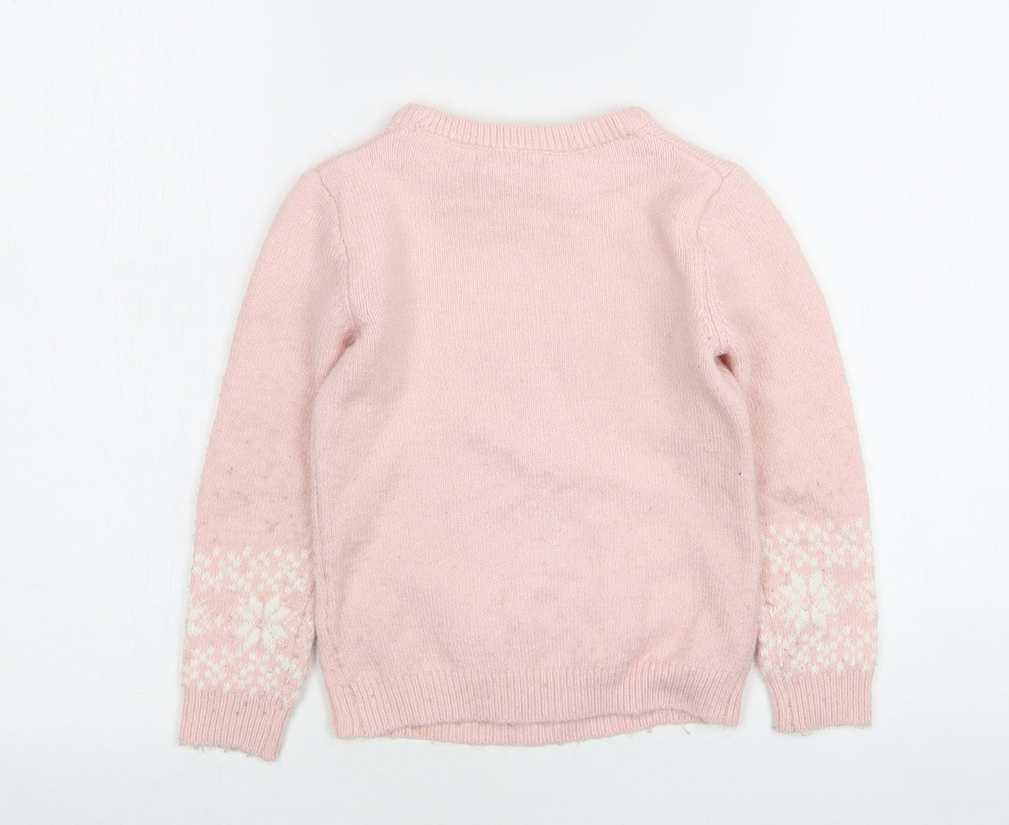 Primark Girls Pink Round Neck Fair Isle Acrylic Pullover Jumper Size 5-6 Years   - Christmas