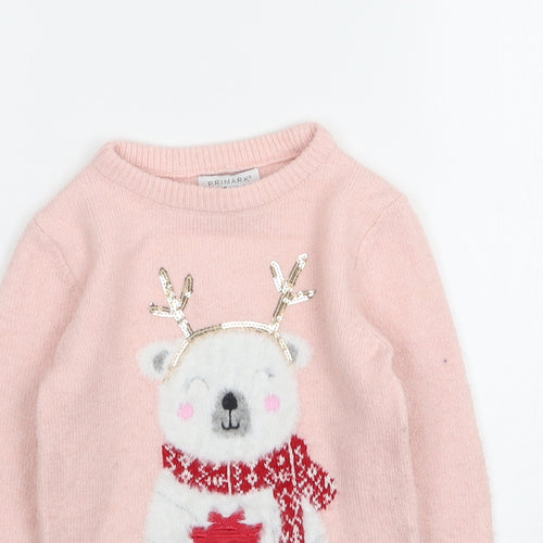 Primark Girls Pink Round Neck Fair Isle Acrylic Pullover Jumper Size 5-6 Years   - Christmas
