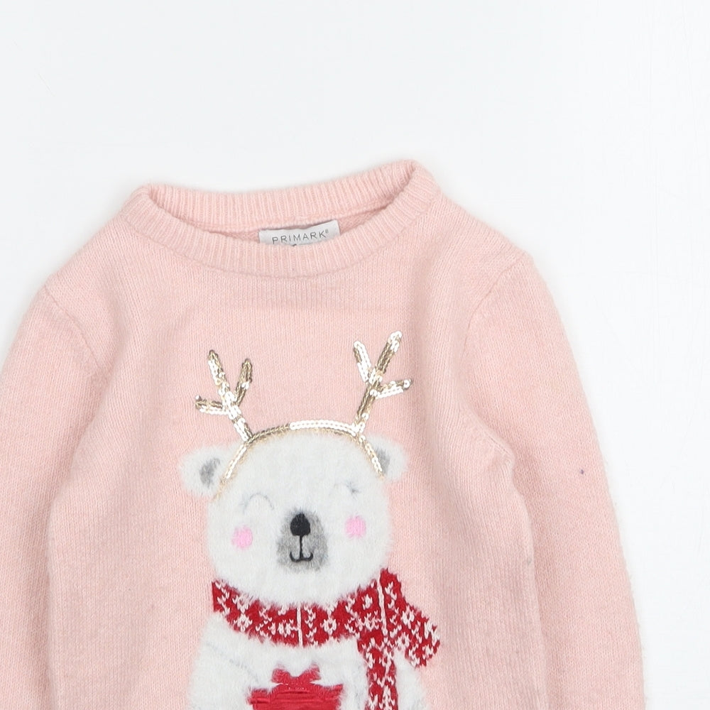 Primark Girls Pink Round Neck Fair Isle Acrylic Pullover Jumper Size 5-6 Years   - Christmas