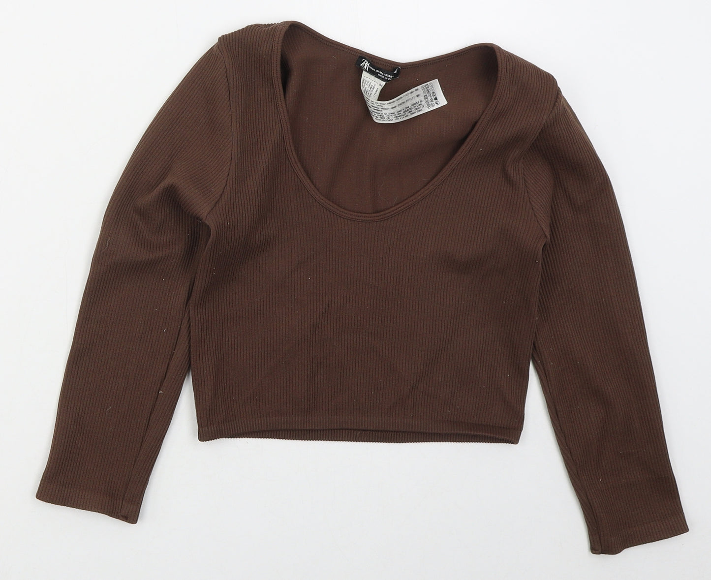 Zara Womens Brown  Nylon Cropped T-Shirt Size L Round Neck Pullover