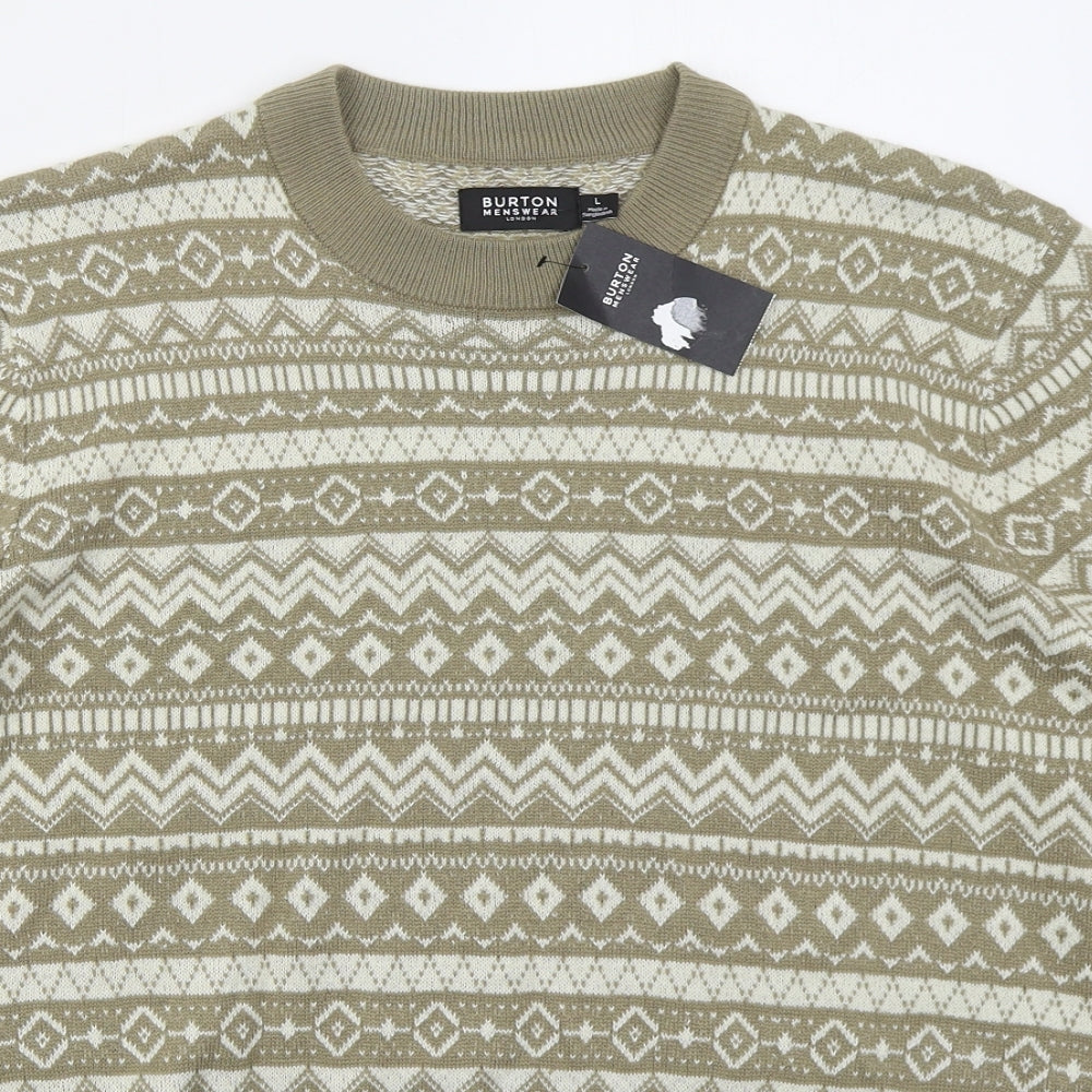 Burton Mens Beige Crew Neck Geometric Acrylic Pullover Jumper Size L