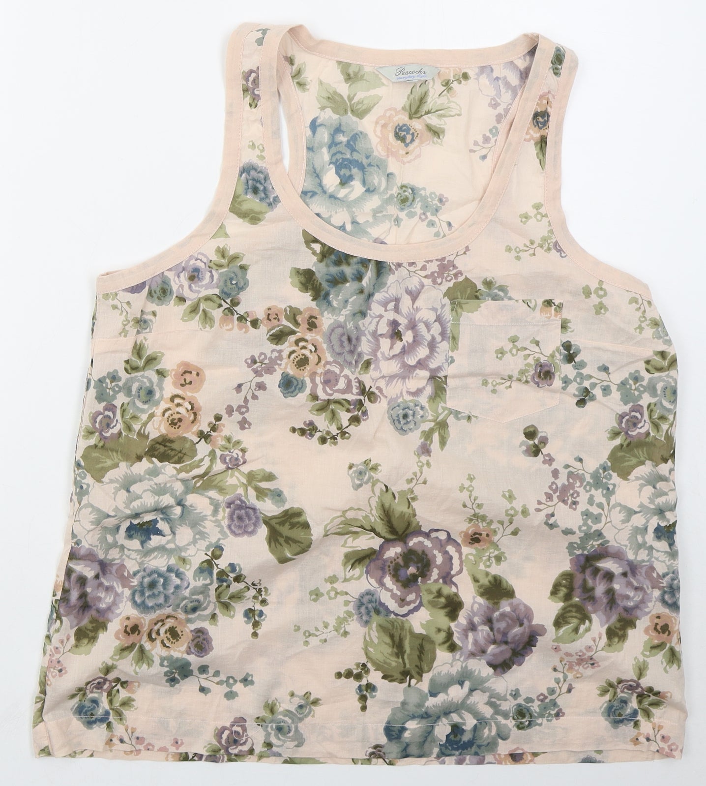 Peacocks Womens Pink Floral Cotton Basic Tank Size L Round Neck