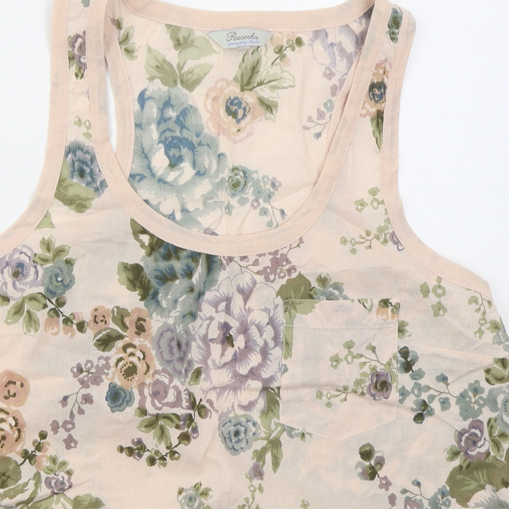 Peacocks Womens Pink Floral Cotton Basic Tank Size L Round Neck