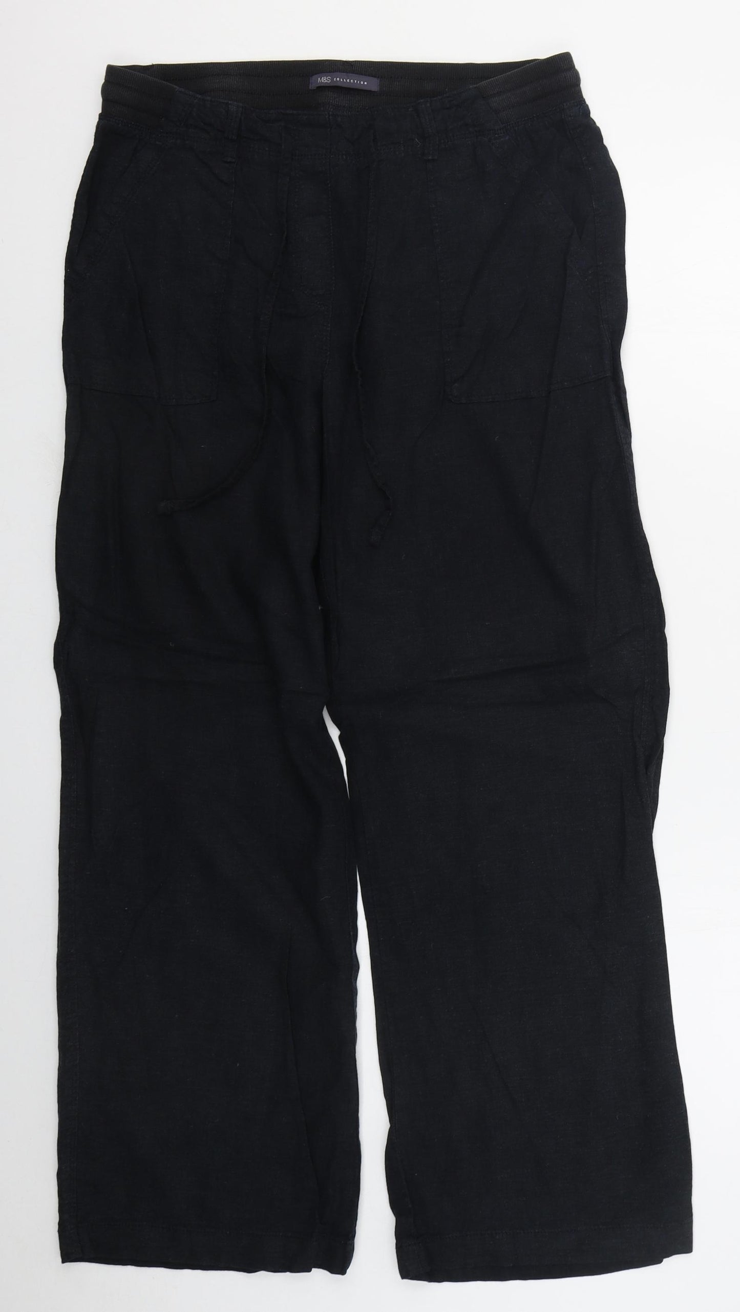 Marks and Spencer Womens Black  Linen Trousers  Size 12 L29 in Regular Drawstring
