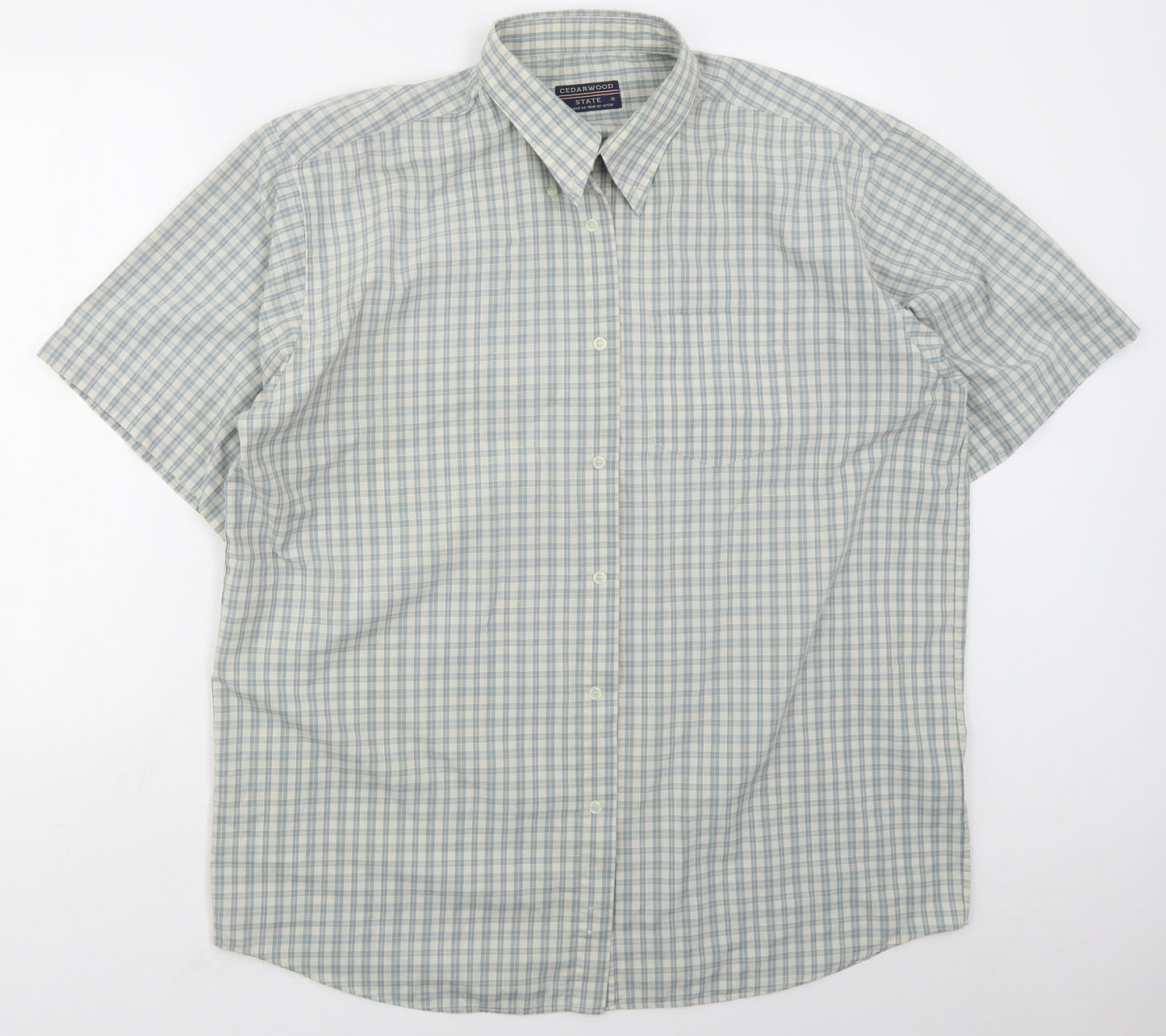Cedar Wood State Mens Green Check Polyester  Button-Up Size XL Collared Button