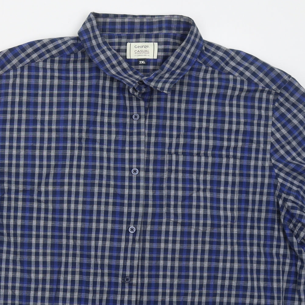 George Mens Blue Check Cotton  Button-Up Size 2XL Collared Button