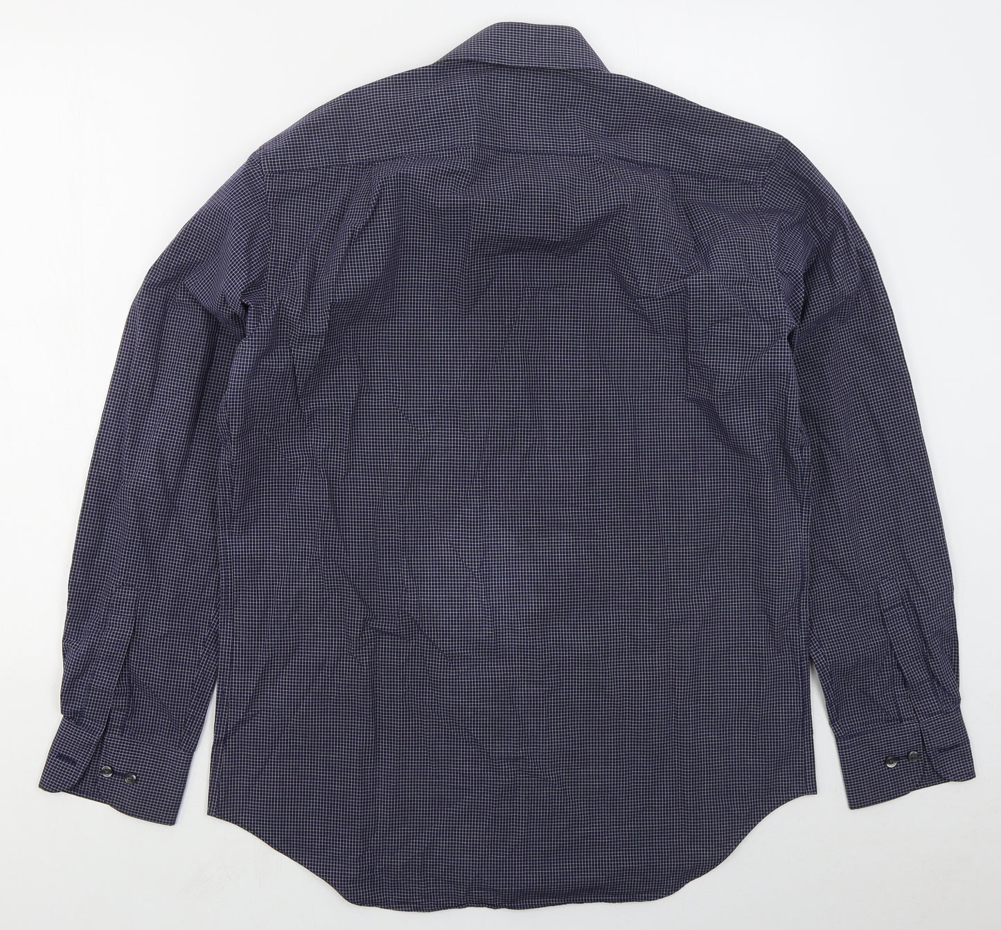 Marks and Spencer Mens Blue Check Polyester  Dress Shirt Size 15.5 Collared Button