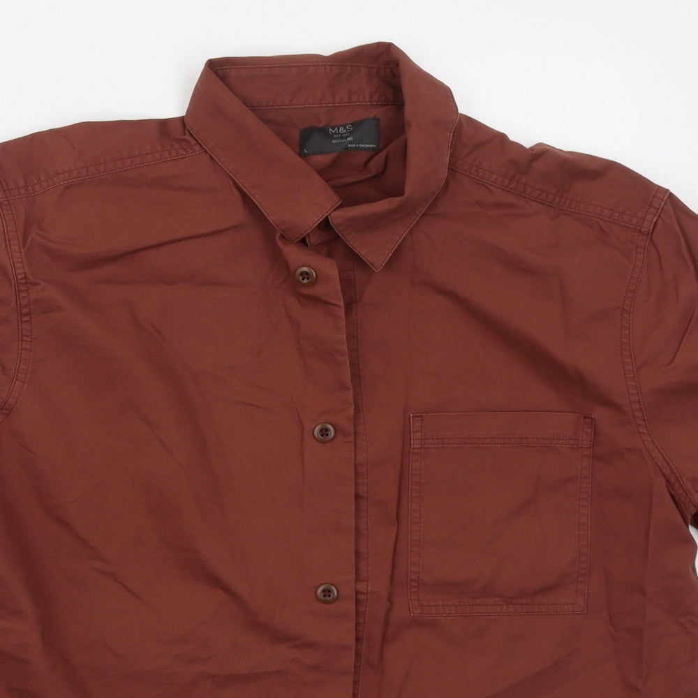 Marks and Spencer Mens Red  Cotton  Button-Up Size L Collared Button - Rust Coloured