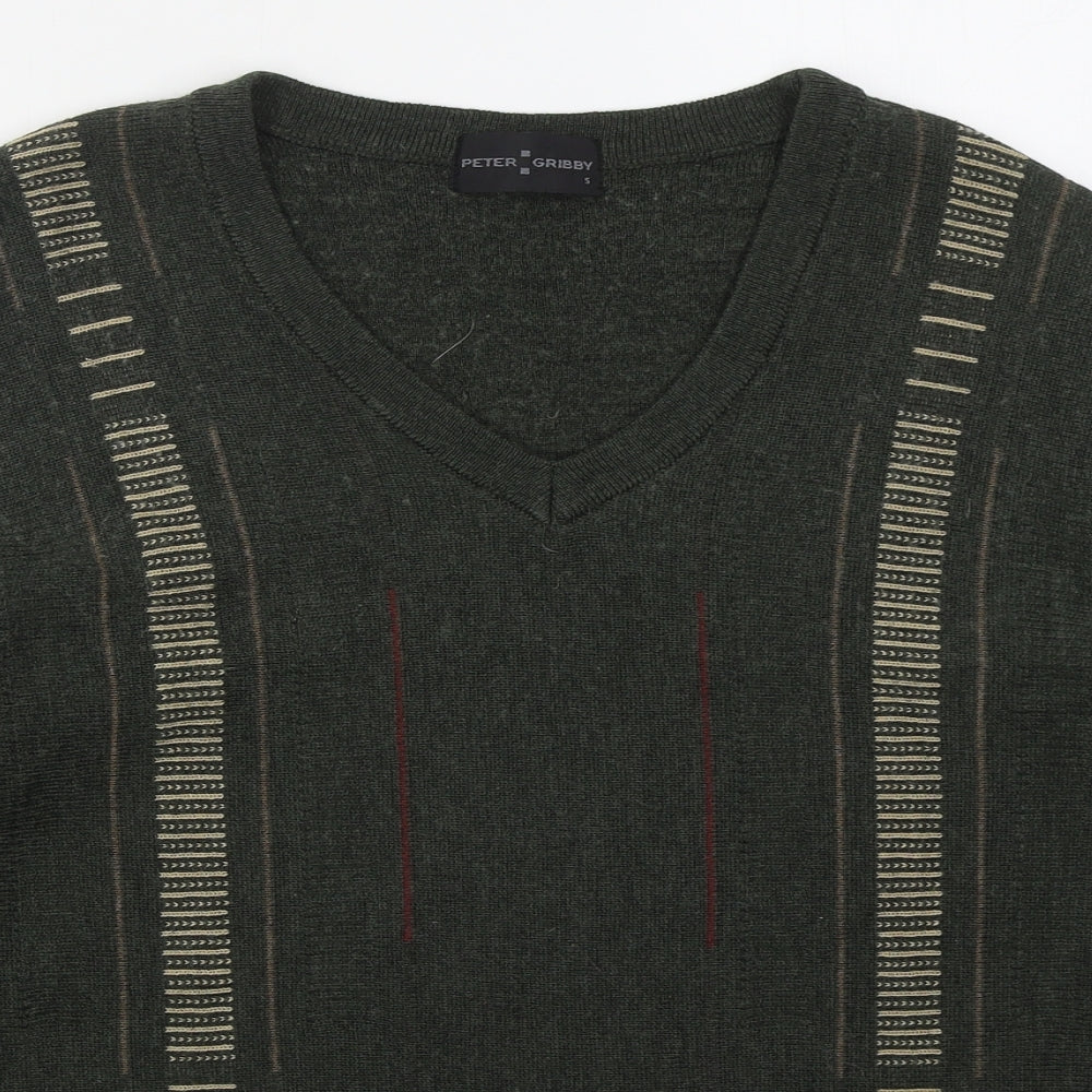 Peter Gribby Mens Green V-Neck Striped Wool Pullover Jumper Size S